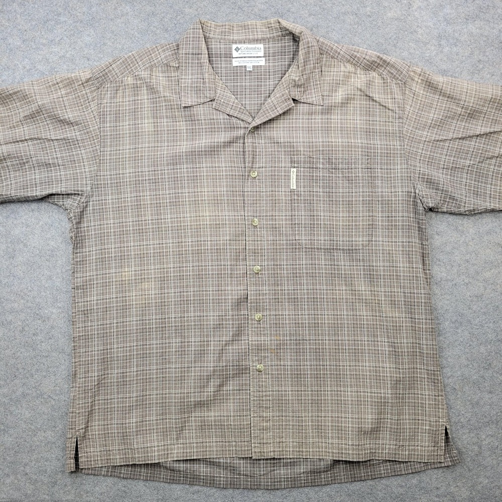 Columbia Shirt Mens 2XL Brown Plaid Cotton Button‎ Front Short Sleeve Casual*